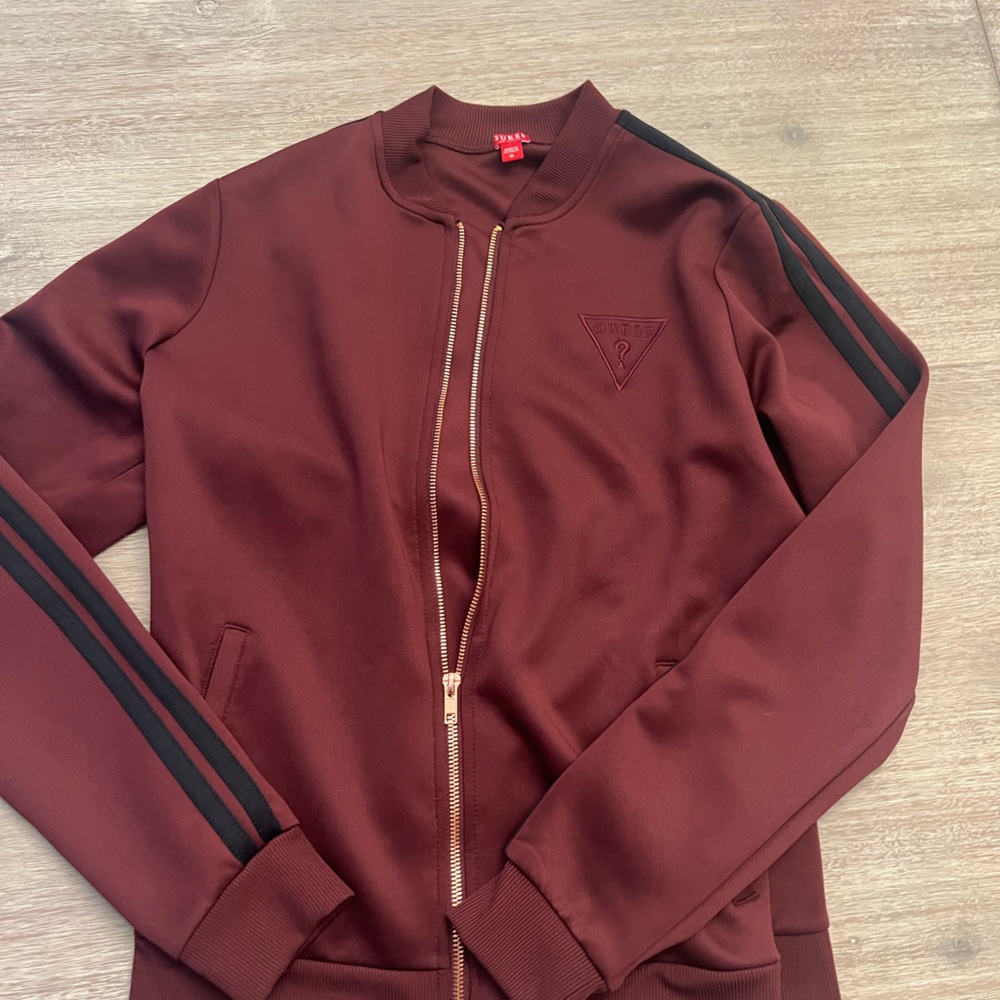 Guess Women's Zip Up Quinn Track Jacket Burgundy W/ Black Stripe size medium